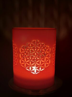 Bougeoir Fleur de Vie orange Luciade modèle 60x80 lumière bougie lampion chauffe-plat géométrie sacrée
