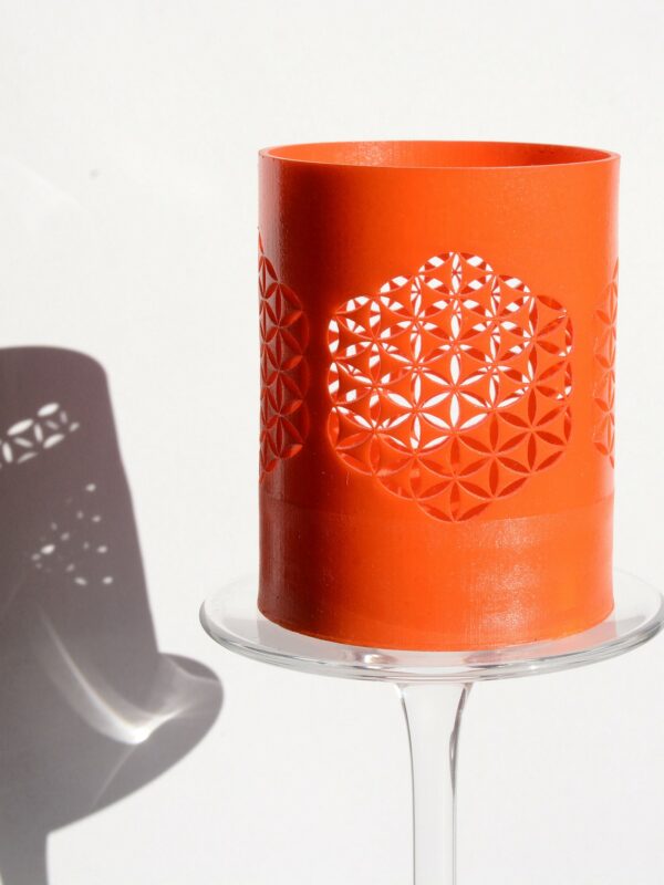Bougeoir Fleur de Vie orange Luciade modèle 60x80 lumière naturelle géométrie sacrée ondes lumineuses